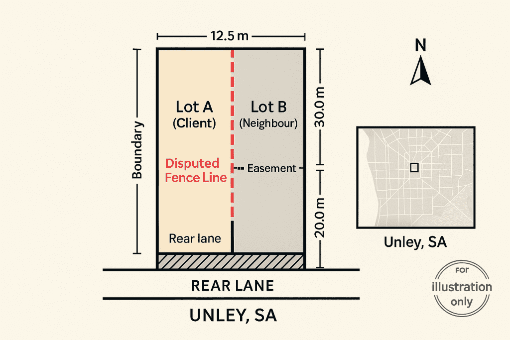 A property boundary diagram outlining disputed fence lines in Unley.