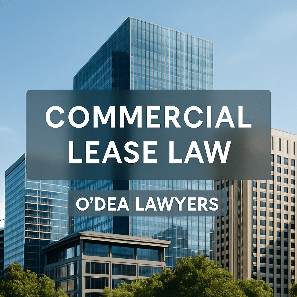 Commercial Lease Law | Shows an image of buildings in Adelaide with the words: Commercial Lease Law | O'Dea Lawyers